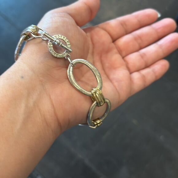 Brooks Brothers Wide Link Bracelet Silver Plated Gilt 8.5in Signed Toggle Clasp - Picture 5 of 5